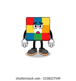 cube puzzle cartoon illustration with sad face , character design
