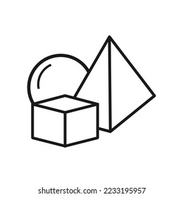 Cube Pyramid Sphere icon. 3 simple geometrical shapes outline symbol, vector illustration in trendy design style, isolated on white background. Perfect editable graphic resources for many purposes.