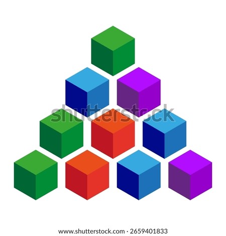 Cube pyramid structure. Colorful block elements. Geometric Vector illustration. Three dimensional stack. EPS 10.