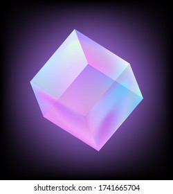 Cube Or Rectangular Cuboid Prism In Neon Holographic Colors, Showing Light Refraction Effect. Abstract Vector Illustration For Science Or Technology Cover.