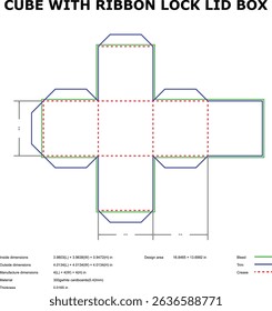 Cube with ribbon lock lid box template die cut design