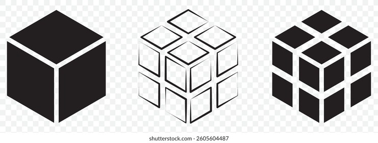 Cube Set Icons. Simple Icon Shape. Linear, silhouette and flat style. Vector icons on transparent Back ground. Eps 10.