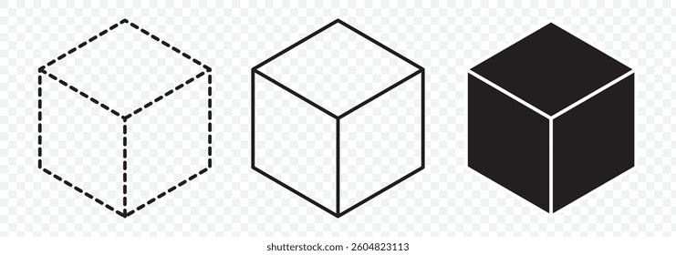 Cube set isolated vector icon. 3D box in different styles. Black block symbol for web and app design