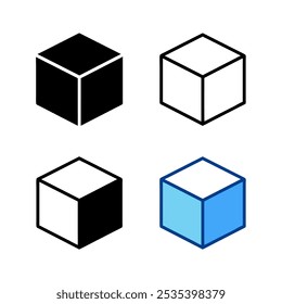 Cube set isolated vector icons featuring 3D boxes in various styles. Simple black block symbols perfect for web and app design, geometric projects, and user interface elements. Clean and modern design