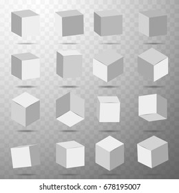 Cube with shadows under cap icon set with perspective. A set of packages, boxes, cases, 3d model of a cube. Vector illustration. Isolated on transparent background