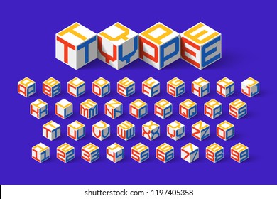 Cube shape 3d isometric font, three-dimentional alphabet letters and numbers vector illustration