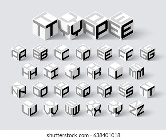 Cube shape 3d isometric font, three-dimentional alphabet letters vector illustration