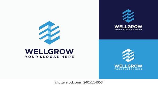 Cube shape letter E growth graph logo design