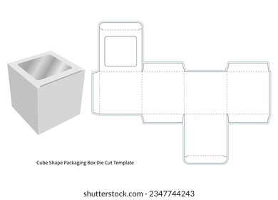 cube shape with transparent top plastic sheet packaging box die cut template - preview mockup - editable blueprint layout with cutting and creasing lines - vector eps file