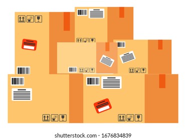 Cajas grandes con forma de cubo, contenedores postales internacionales. Entrega mundial de paquetes. Almacén con objetos de cartón marrón aislados en fondo blanco, ilustración vectorial en estilo plano