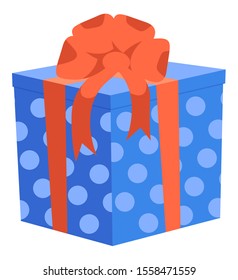 Cube shaped blue box with dots and tied by red ribbons and bow. Big festive knot with tape on present package. Gift inside big pack isolated on white background. Vector illustration in flat style