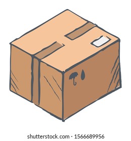 Cube shaped box, postal parcel. Delivery of online order. Sketch of carton package with purchase inside. Outline picture, brown object isolated on white background. Vector illustration in flat style