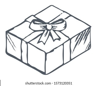 Cube shaped box tied by ribbon and bow. Knot with tape on present package. Freehand sketch of contours of carton object. Outline picture, transparent element. Vector illustration in minimalism