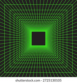 Cubo en forma de alambre de neón verde en perspectiva sobre fondo negro. Sala cuadrada, portal o estructura de rejilla de estudio en estilo futurista. Metaverso, tecno o espacio de realidad virtual. Ilustración vectorial.