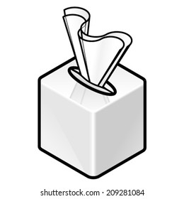 A cube shaped shiny white tissue box.