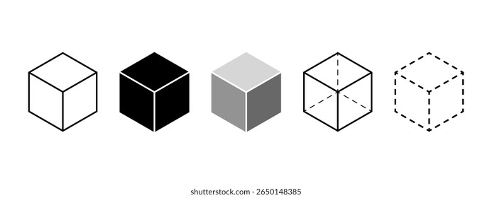 Cube shapes in 3D projection. Isometric squares isolated on white background. Geometric cubic forms with 3 sides. Ice or sugar bricks, boxes or containers silhouettes. Vector graphic illustration.