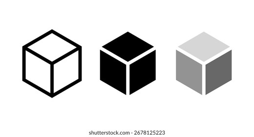Formas de cubo em projeção 3D. Quadrados isométricos isolados sobre fundo branco. Formas cúbicas geométricas com 3 lados. Tijolos de gelo ou açúcar. Silhuetas de brinquedos, caixas ou contentores. Ilustração gráfica vetorial.