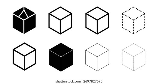 Formas de cubo en proyección 3D. Cuadrados isométricos aislados sobre fondo blanco. Formas cúbicas geométricas con 3 lados. Hielo o azúcar ladrillos, cajas o contenedores siluetas. Vector ilustración gráfica.