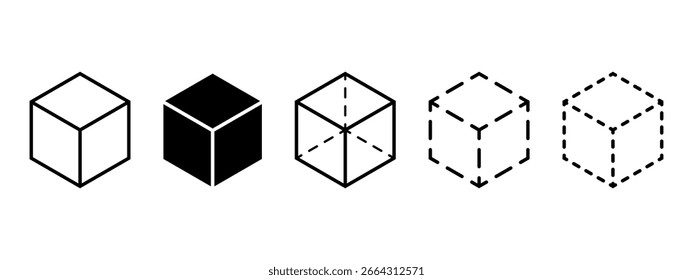 Würfelformen und Silhouetten in 3D-Projektion. Isometrische Quadrate einzeln auf weißem Hintergrund. Geometrische kubische Formen. Figuren aus Eis oder Zuckerziegeln, Schachteln oder Behältnissen. Vektorgrafik.