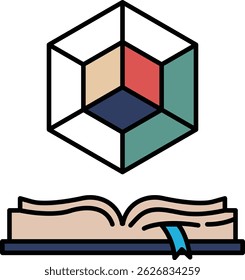 Um cubo é mostrado com um livro em cima dele. O cubo é formado por quadrados de cores diferentes e o livro está aberto para uma página com uma fita azul. Conceito de aprendizagem e conhecimento