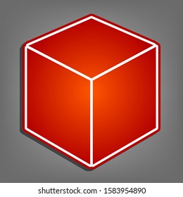 Cube sign illustration. Flat red icon with linear white icon with gray shadow at grayish background. Illustration.