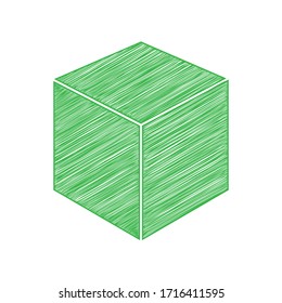 Cube sign illustration. Green scribble Icon with solid contour on white background. Illustration.