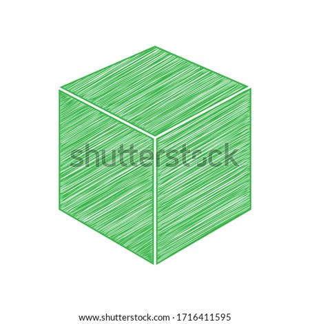 Cube sign illustration. Green scribble Icon with solid contour on white background. Illustration.