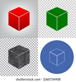 Cube sign illustration. Vector. 4 styles. Red gradient in radial lighted background, green flat and gray scribble icons on transparent and linear one in blue circle.