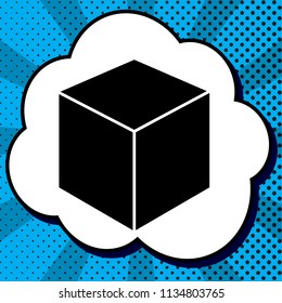 Cube sign illustration. Vector. Black icon in bubble on blue pop-art background with rays.