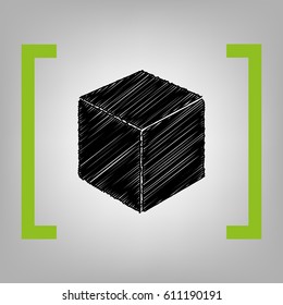 Cube sign illustration. Vector. Black scribble icon in citron brackets on grayish background.