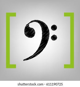 Cube sign illustration. Vector. Black scribble icon in citron brackets on grayish background.