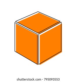 Cube sign illustration. Vector. Black line icon with shifted flat orange filled icon on white background. Isolated.