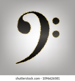 Cube sign illustration. Vector. Blackish icon with golden stars at grayish background.