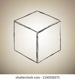 Cube sign illustration. Vector. Brush drawed black icon at light brown background.
