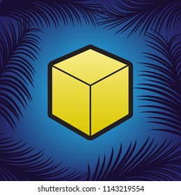 Cube sign illustration. Vector. Golden icon with black contour at blue background with branches of palm trees.