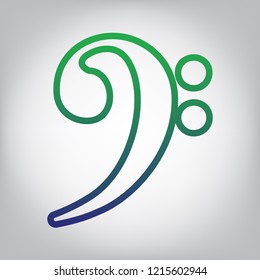 Cube sign illustration. Vector. Green to blue gradient contour icon at grayish background with light in center.