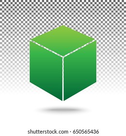 Cube sign illustration. Vector. Green gradient icon with shadow at bottom on transparent and white background.