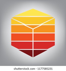 Cube sign illustration. Vector. Horizontally sliced icon with colors from sunny gradient in gray background.