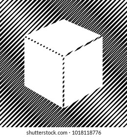 Cube sign illustration. Vector. Icon. Hole in moire background.