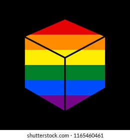 Cube sign illustration. Vector. Icon with colors of LGBT flag at black background.