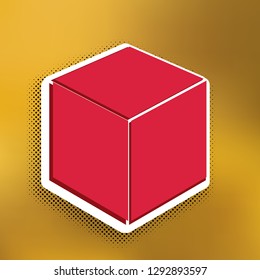 Cube sign illustration. Vector. Magenta icon with darker shadow, white sticker and black popart shadow on golden background.