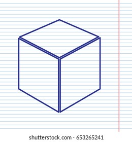 Cube sign illustration. Vector. Navy line icon on notebook paper as background with red line for field.
