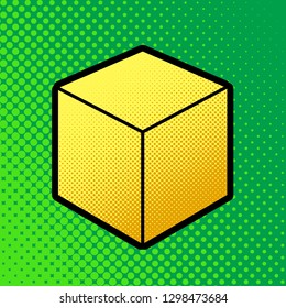 Cube sign illustration. Vector. Pop art orange to yellow dots-gradient icon with black contour at greenish background.
