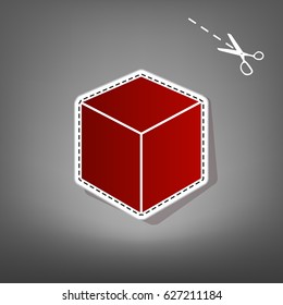 Cube sign illustration. Vector. Red icon with for applique from paper with shadow on gray background with scissors.