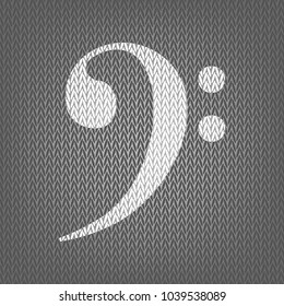 Cube sign illustration. Vector. White knitted icon on gray knitted background. Isolated.