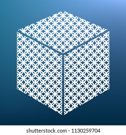 Cube sign illustration. Vector. White textured icon at lapis lazuli gradient background.