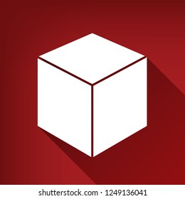 Cube sign illustration. Vector. White icon with limitless shadow at ruby red background.