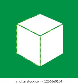 Cube sign illustration. Vector. White flat icon with yellow striped shadow at green background.