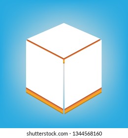 Cube sign illustration. Vector. White icon with 3d warm-colored gradient body at sky blue background.