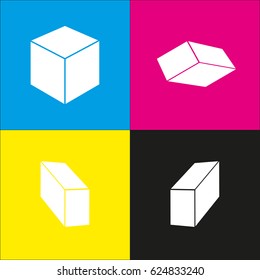 Cube sign illustration. Vector. White icon with isometric projections on cyan, magenta, yellow and black backgrounds.